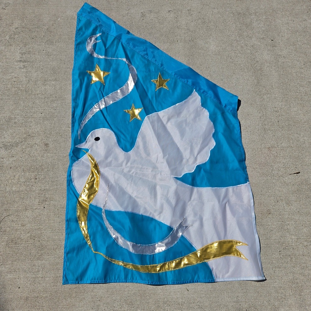 Blue White Color Guard Flag Dove Stars Metallic Gold Silver Ribbon